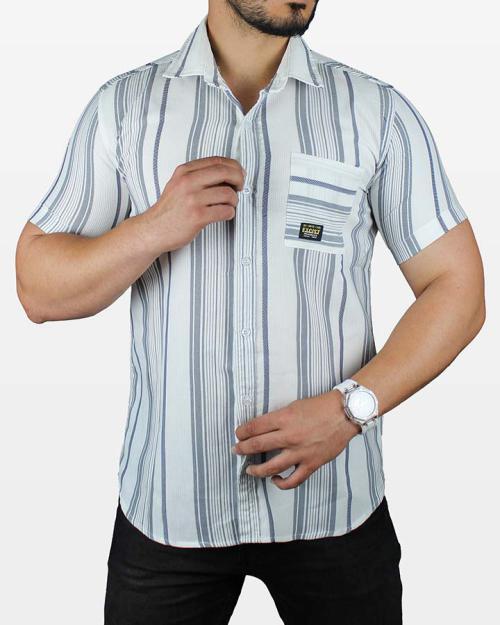 پیراهن مردانه آستین کوتاه طوسی سفید طرح کنف بیسکویتی مدل 1577 