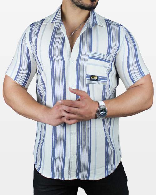 پیراهن مردانه آستین کوتاه آبی سفید طرح کنف بیسکویتی مدل 1578 